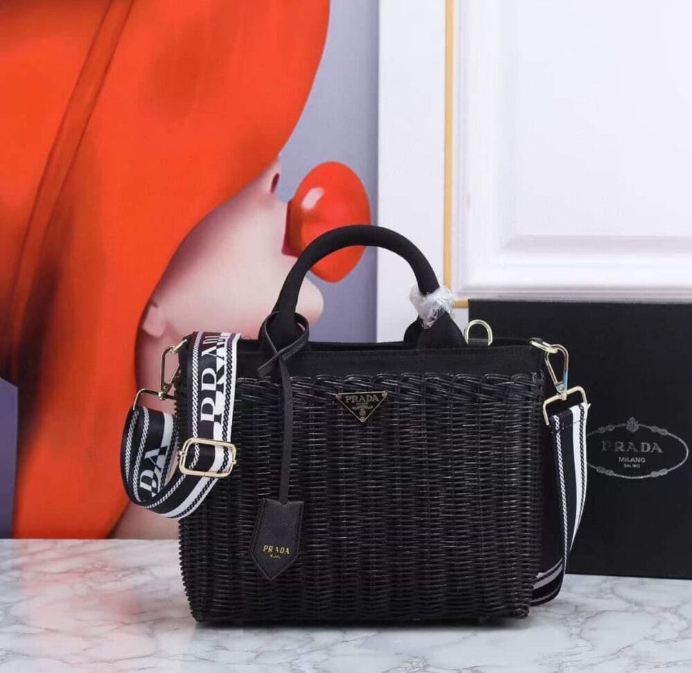 Prada Wicker Canvas Shoulder Bag Black